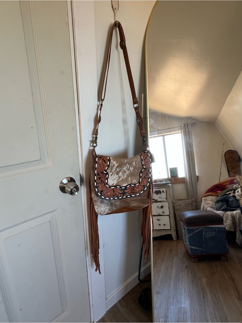 Brown Fringe Tooled Leather Crossbody Bag